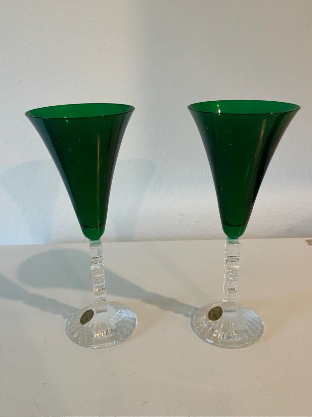Emerald Green Crystal Flute Pair - Decorative Glass Accent